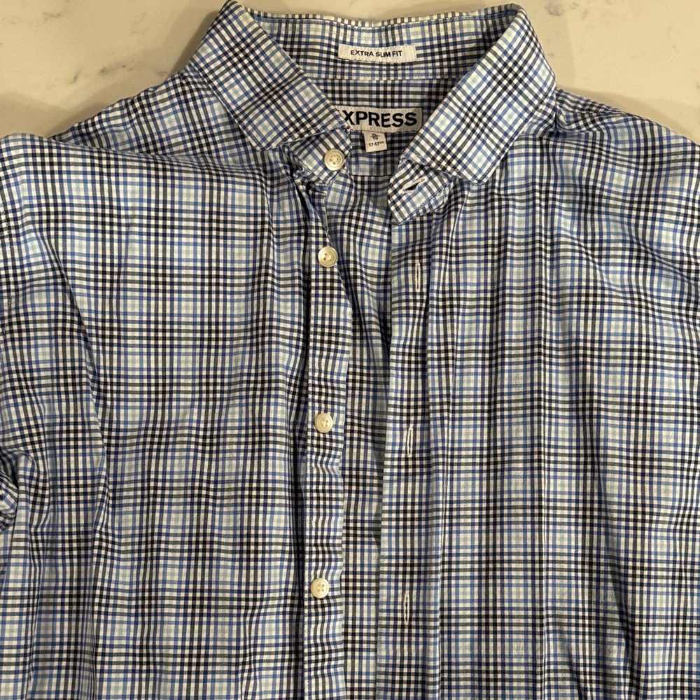 Express Men's Blue Black White Checkered Shirt - XL Slim Fit